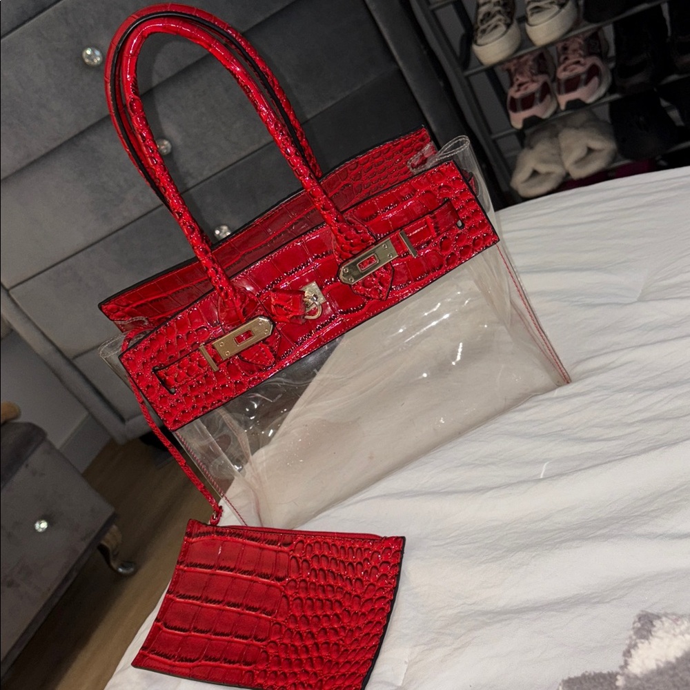 Red Croc-Embossed Transparent Tote Bag